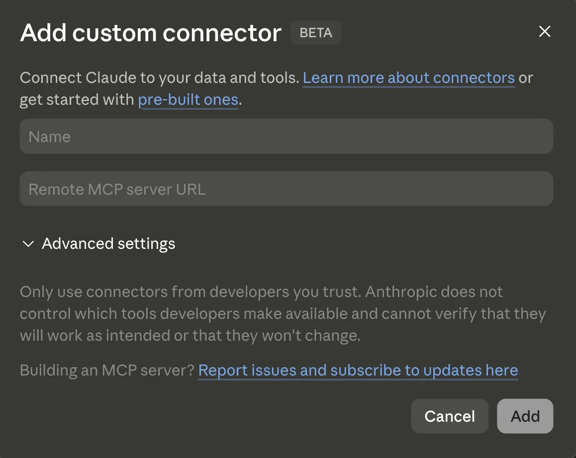 Claude Add custom connector dialog with PropMetrics.co in the name field and the MCP server URL pasted in